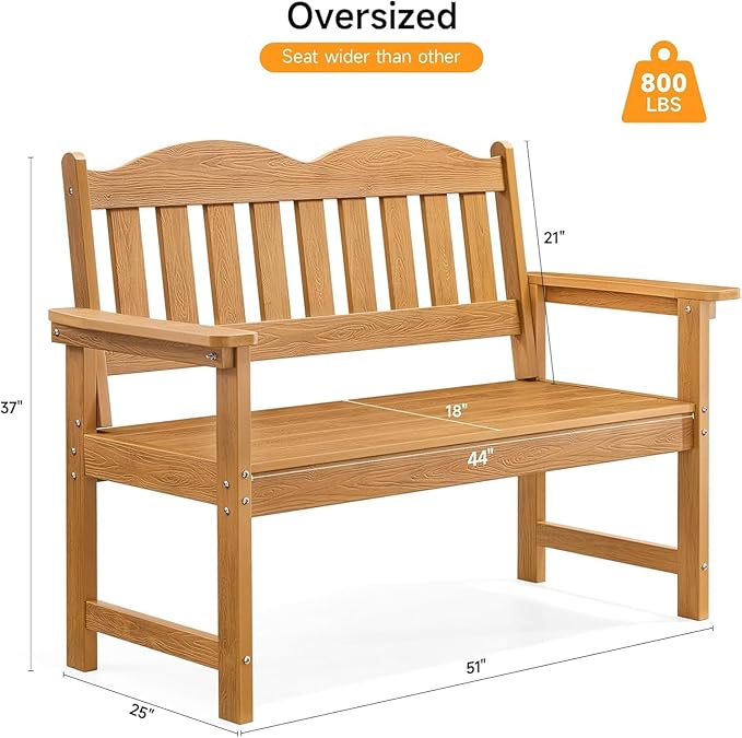 GarveeLife 2-Person Poly Lumber Garden Bench, Slatted Patio Loveseat, Weather-Resistant Outdoor Seating for Yard, Garden, Porch, Park or Backyard, Natural
