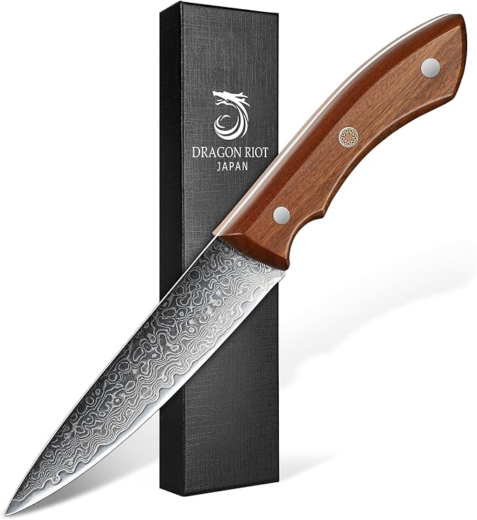 DRAGON RIOT Damascus Paring Knife 5 inch, VG-10 Damascus Steel Fruit Knife, Japanese Peeling Knife with Ergonomic Wood Handle, Multipurpose Kitchen Knife for Cutting Fruit Vegetables