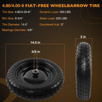HQPASFY 2 Pack 14.5" Flat Free Tire 4.80/4.00-8 Wheelbarrow Tire and Wheel, 3" Centered Hub, 5/8" & 3/4" Bearings Replacement for Wheelbarrows, Garden Carts, Dump Carts, Lawn Equipment