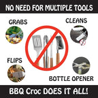 BBQ Croc 3 in 1 Barbecue Tool 15-inch with Flashlight - Extra Light Tongs, Spatula and Grill Scraper (Green)