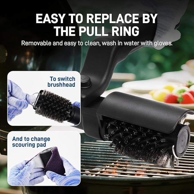 Automatic Electric Grill Cleaner - Rechargeable BBQ Brush w/Stainless Steel Head & Abrasive Replacement, Outdoor Grill Scraper Tool (Black)
