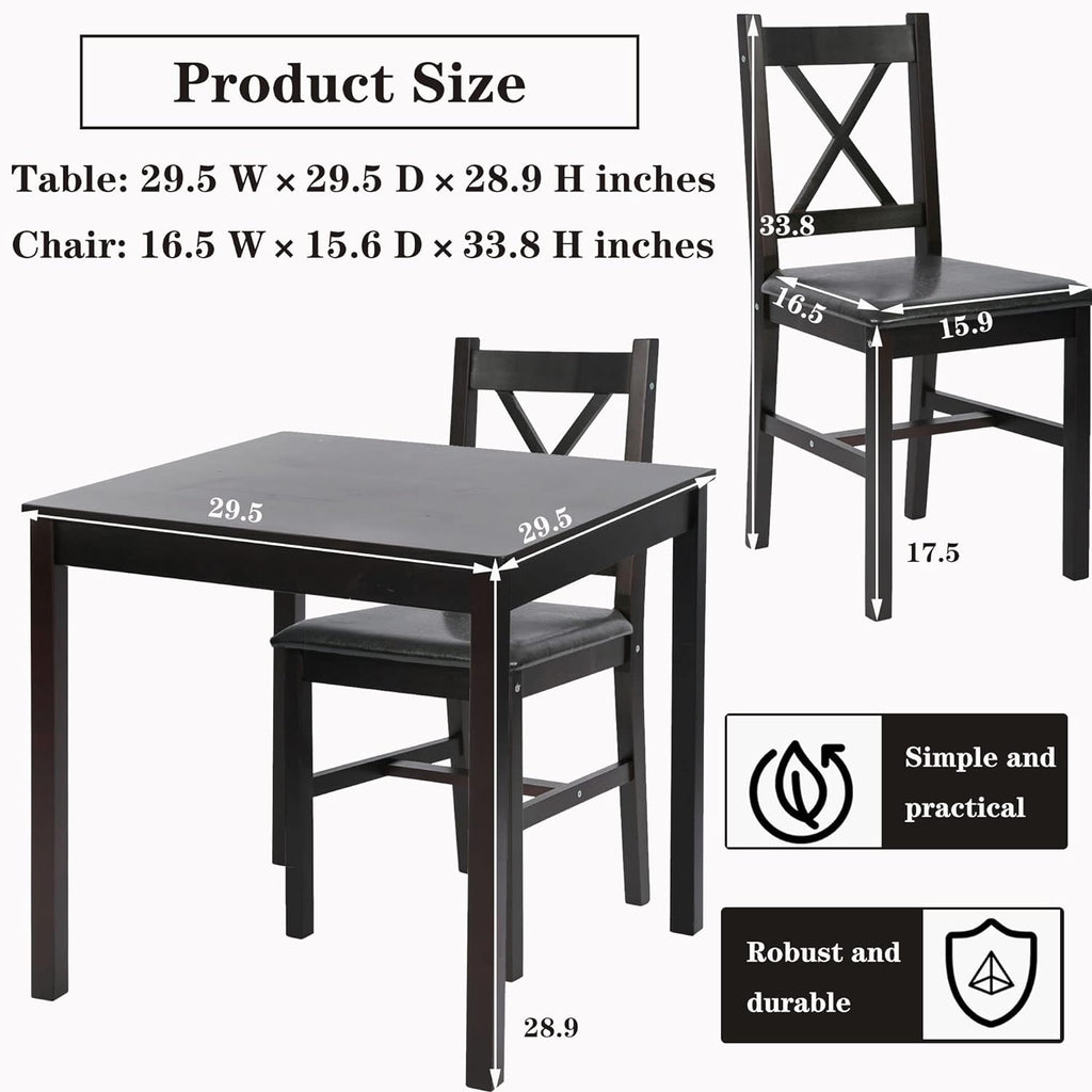 3-Piece Solid Wood Kitchen Table Set for 2 | Pine Dining Table with Upholstered Chairs | Space-Saving Design | Smooth Easy-to-Clean Surface | for Dining Room, Apartment, Restaurant, Dark Brown
