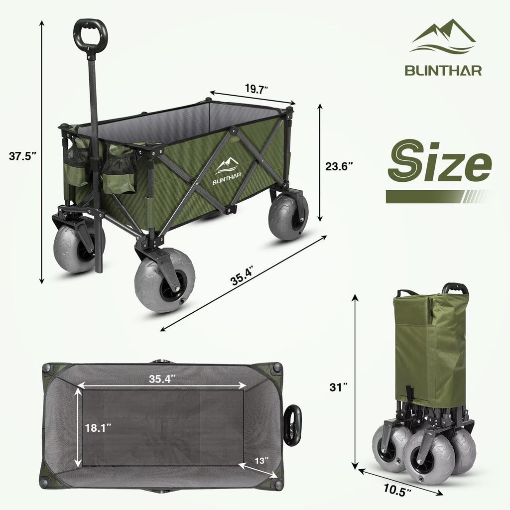 Beach Wagon with Big Wheels for Sand, Heavy Duty Harder Sand Collapsible Folding Wagon with All-Terrain 9" Pneumatic Ballon Tires, Utility Wagon for Garden Sports Camping Outdoor Activities