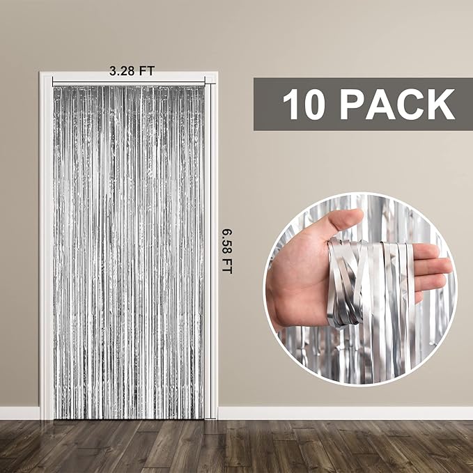 10 Pack Foil Curtain Backdrop Silver Metallic Tinsel Foil Fringe Curtains Photo Booth Props for Birthday Wedding Engagement Baby Shower Bachelorette Christmas Holiday Celebration Party