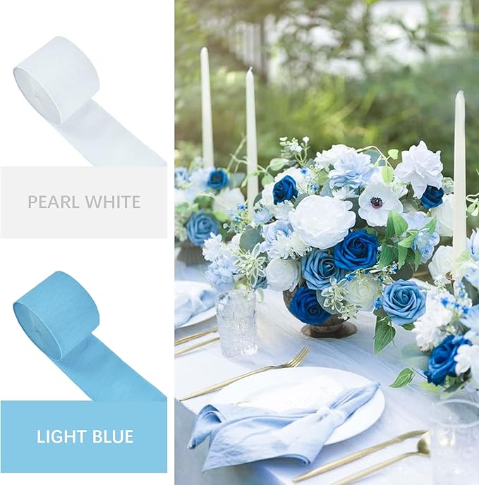 PartyWoo White and Blue Crepe Paper Streamers 4pcs 328ft Pack of Light Blue Pearl White Crepe Paper Streamers for Birthday Gender Reveal Baby Shower Graduation Pool Under The Sea Party Decorations