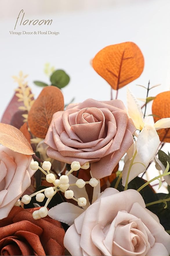 Floroom Artificial Flowers 25pcs Real Looking Burnt Orange Ombre Colors Foam Fake Roses with Stems for DIY Wedding Bouquets Bridal Shower Floral Centerpieces Party Tables Home Decorations