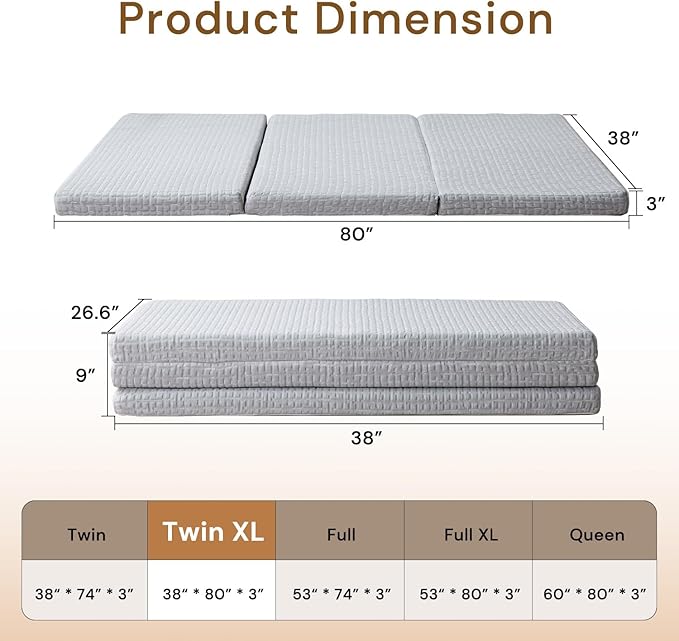Foldable Mattress, 3 Inch Memory Foam Guest Floor Mat, Tri Folding Portable Mattress for Living Room/Camping, Washable Cover, Non-Slip Design, Twin XL Grey (Size: 38" L x 80" W x 3" Th)