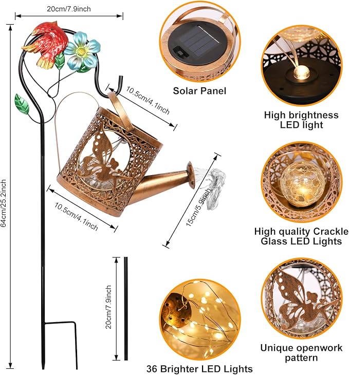 Solar Lights Outdoor Garden Decor Solar Watering Can with Crackle Glass Lights Waterproof Metal Hanging Fairy Lantern for Patio Lawn Yard Outside Decorations- Unique Gift Ideas for Gardening
