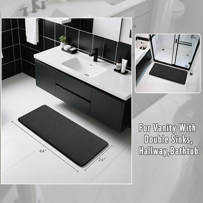 Yimobra Long Bath Mat 44"x24", Super Soft Quick Dry Memory Foam Bathroom Rug, Water Absorbent, Non Slip Backing Machine Washable for Tub Shower, Thick Comfort Support, Black