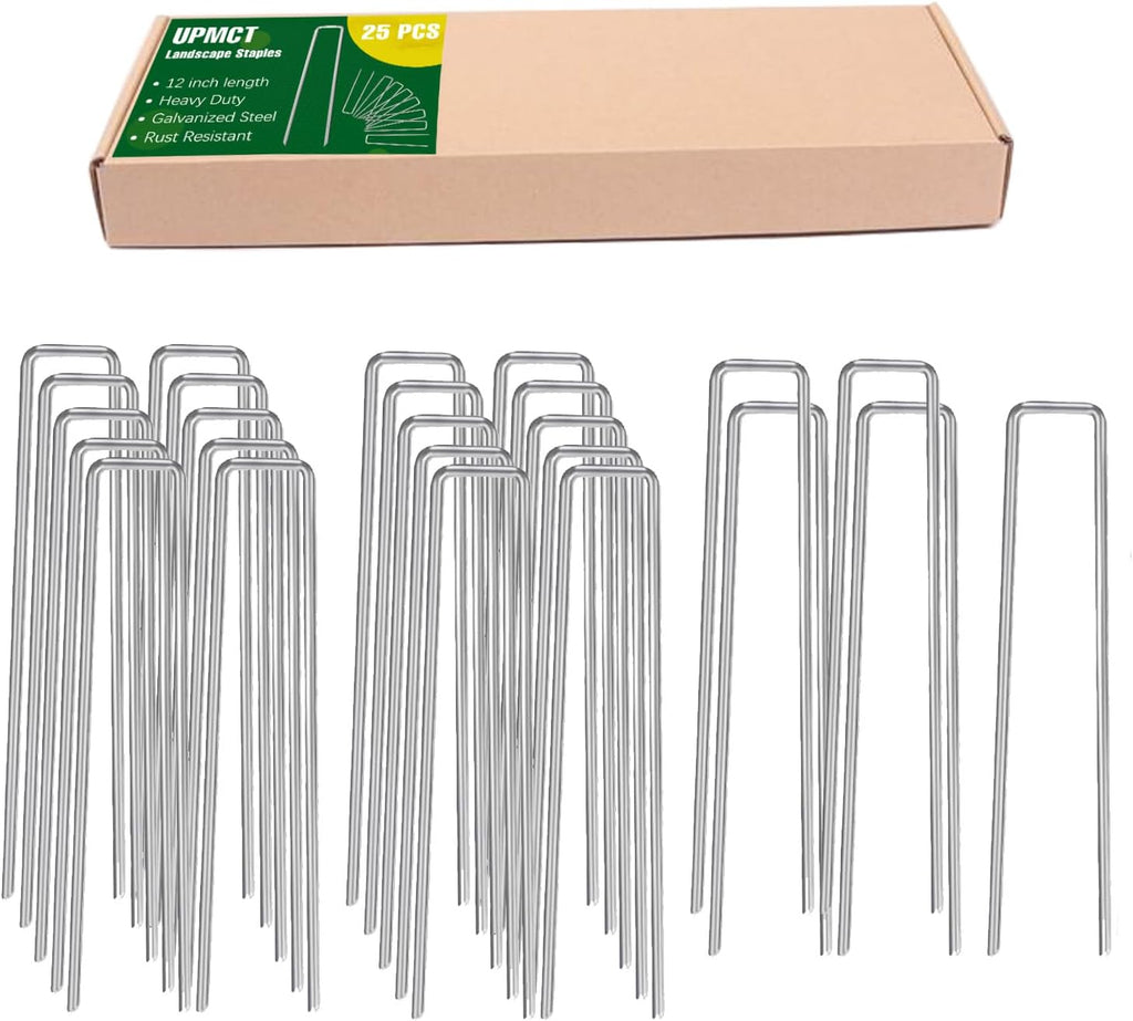 12 Inch Galvanized Garden Landscape Staples Stakes, 25 50 100 PCS Anti-Rust Garden Staples U-Shaped Landscape Pins for Secure Lawn Fabric (25, 12 Inch)