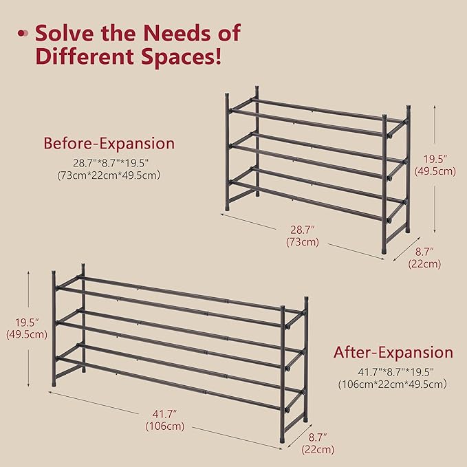 Tajsoon 3 Tier Expandable Shoe Rack for Closet, 28“-41“Adjustable & Stackable Shoe Shelf Storage, Metal Shoe Rack Organizer for Front Door Entrance, Closet, Garage, Entryway, Bronze