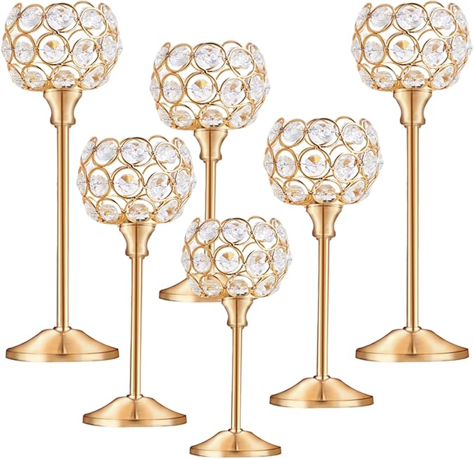Crystal Candle Holders Set of 16 for Wedding Centerpieces Gold Or Silver Candle Holders Bulk Decorative Tealight Candle Holder for Wedding, Party,Table Centerpieces Decoration (Golden, 2 Sets(6 Pcs))