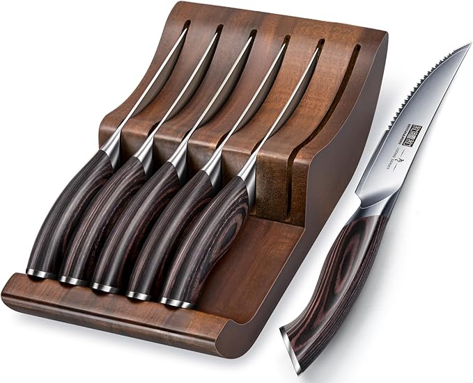 Steak Knives Set of 7, 4.5 Inch Serrated Steak Knife Set with Block, Japanese High Carbon Steel Kitchen Steak Knives with Ergonomic Handle