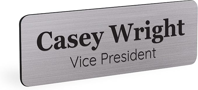 ExcelMark Custom Name Tag - Engraved Name Badge with Pin or Magnetic Backing, 16 Colors, 6 Fonts, and 2 Sizes to Choose from (Silver w/Black Letters, 1"x 3")