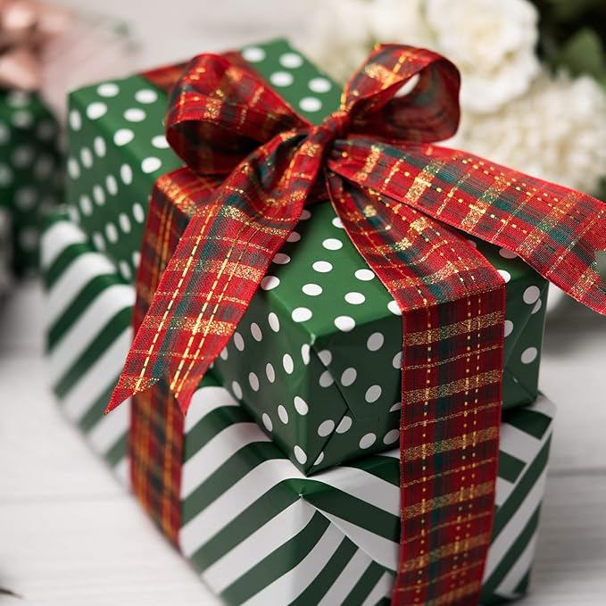 WRAPAHOLIC Reversible Wrapping Paper - Mini Roll - 17 Inch x 33 Feet - Dark Green and Stripes Design for Christmas, Birthday, Holiday, Wedding, Baby Shower