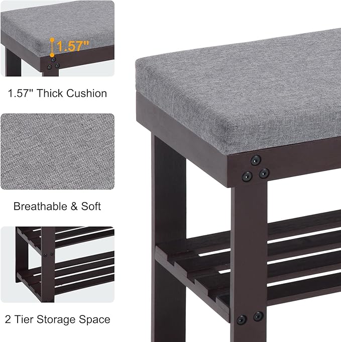 Apicizon 3-Tier Shoe Rack for Entryway, Bamboo Shoe Bench with Cushion Padded Seat, Small Shoe Organizer with Storage for Indoor Entrance Hallway Bedroom Living Room, 35.4 Inches, Brown