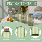 Green Glass Flower Vases for Centerpieces Set of 12, Mason Jars Boho Cylinder Bud Vases in Bulk, for Weddings Parties Vintage Home Decor