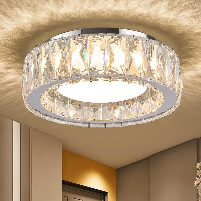 Dimmable Crystal Modern LED Flush Mount Ceiling Light,Chrome 11 Inch Small Chandelier 24W 5CCT 3000K-6000K Hallway Close to Ceiling Light Fixtures for Kitchen,Entryway,Laundry Room,Bedroom