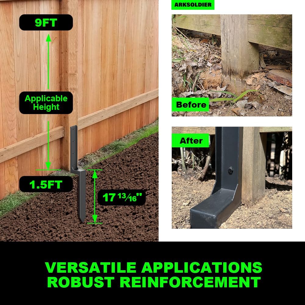 Fence Post Repair Kit - Quick Fix Broken/Leaning 4x4/6x6 Wood Posts Support with One-Piece Steel Anchor & Stakes (Thickened 11-Gauge, 2-Pack)
