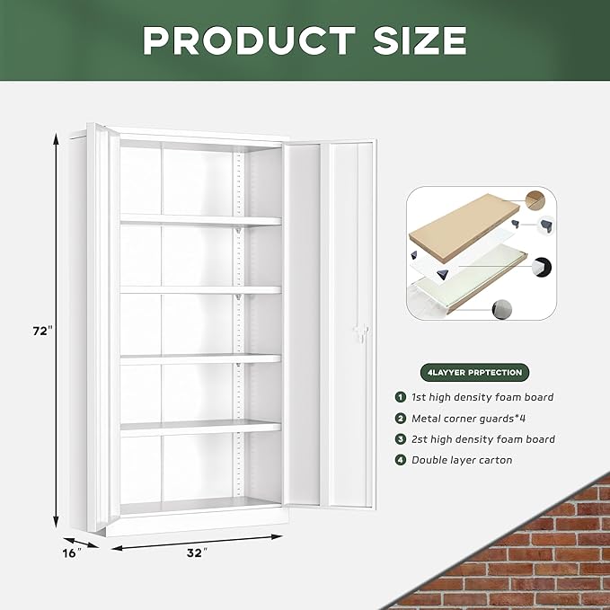 Greenvelly Metal Garage Storage Cabinet with Doors and Adjustable Shelves,72" Steel Lockable File Cabinet for Home Office,Garage,School(White,32" W x 16" D)