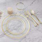 BESTVIP 450PCS Plastic Dinnerware Set (75 Guests), Clear Gold Disposable Plates for Party, Wedding, Christmas, Anniversary, Includes: Dinner Plates, Dessert Plates, Cups, Spoons, Forks and Knives