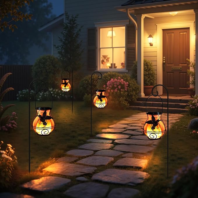 2 Pack Solar Lanterns Outdoor Waterproof Flickering Flame Lights Hummingbird Metal Hanging Solar Lantern Patio Porch Garden Decoration
