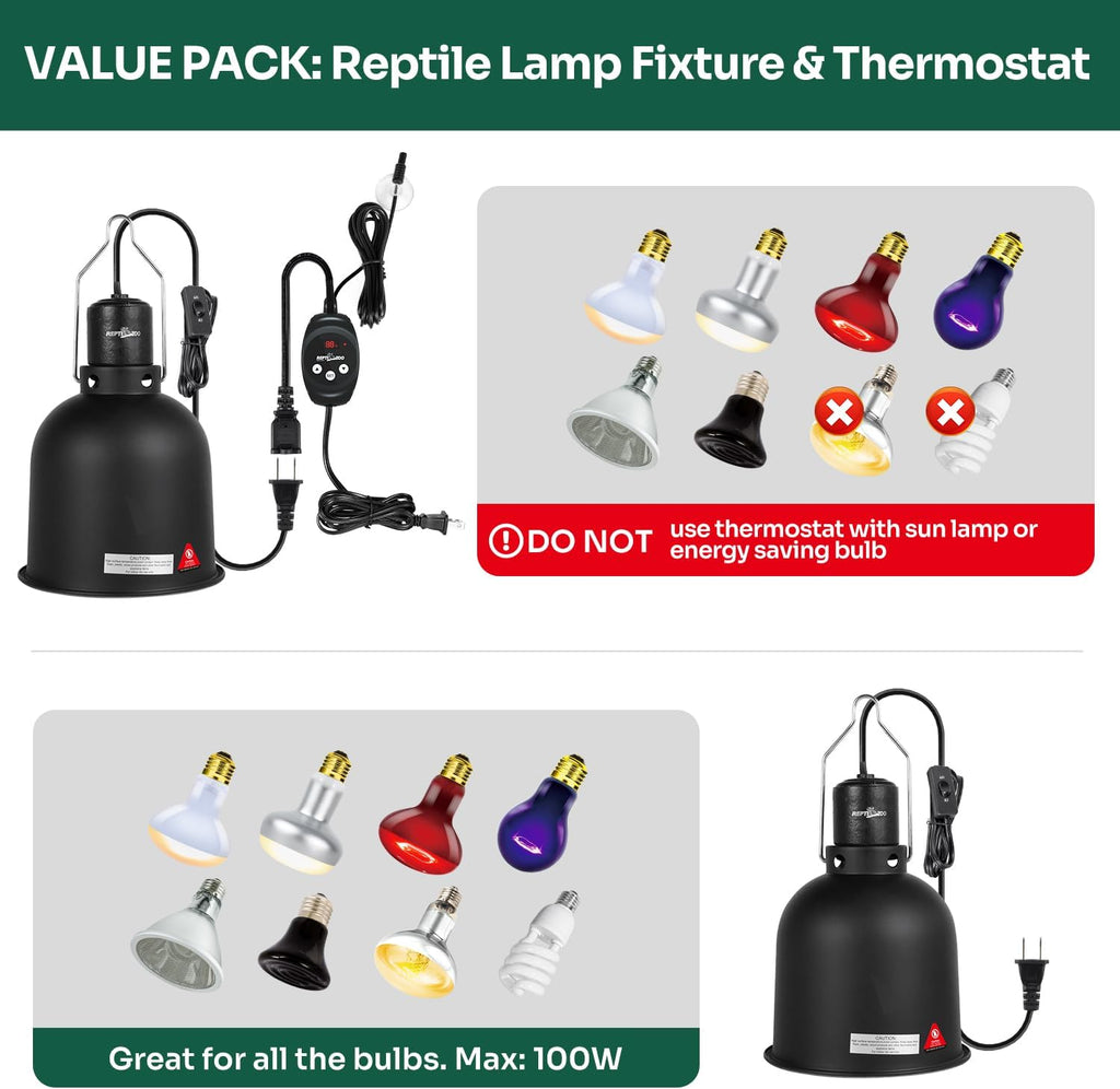 REPTI ZOO Reptile Light Fixture Dimming Thermostat Combo Pack, 5.5 Inch Deep Dome Lamp Fixture Max 100W, PID Reptile Thermostat Temperature Controller for Reptile Heat Lamp Bulb