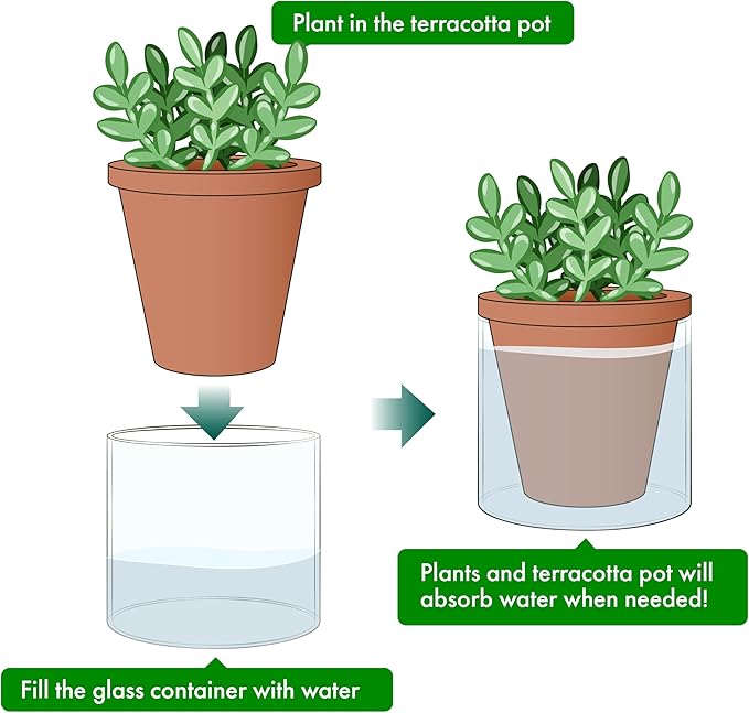 D'vine Dev 4 Inch Design Self Watering Pot for Indoor Plants, Terracotta Planter with Cylinder Glass Cup, Set of 4, 37-Z-A-1-F