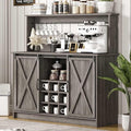 Farmhouse Coffee Bar Cabinet with 9 Wine Racks and 6 Hooks, 47 Inch Wine Bar with Storage, Buffet Cabinet Adjustable Shelves, Kitchen Buffet Cabinet for Dining Living Room, Grey Living Room, Grey