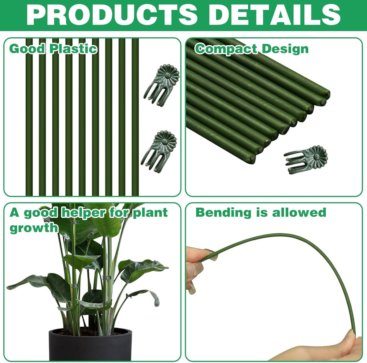 50Pcs Plant Stake Clip Set Green, Plant Sticks Supplies Support Tall, Useful Support Clips, Fine Workmanship Allow Bending Suitable for Various Plant Pots Indoors and Outdoors