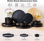 GBhome Ceramic Dinnerware Sets for 6, Matte Stoneware Plates and Bowls Sets,Chip and Scratch Resistant Dishes, Dishwasher & Microwave Safe, Oven safe,Reactive Glaze-Black