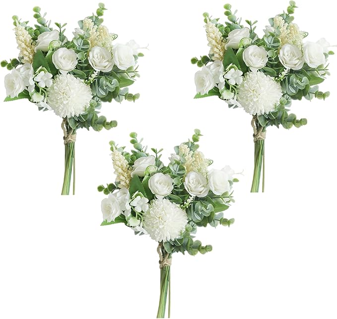 Meldel 3Pcs Rose Bouquet Artificial Fake Flowers Eucalyptus Plants Silk Flower Arrangements Wedding Bouquets Decorations Plastic Floral Table Centerpieces for Home Kitchen Garden Party Decor (White)