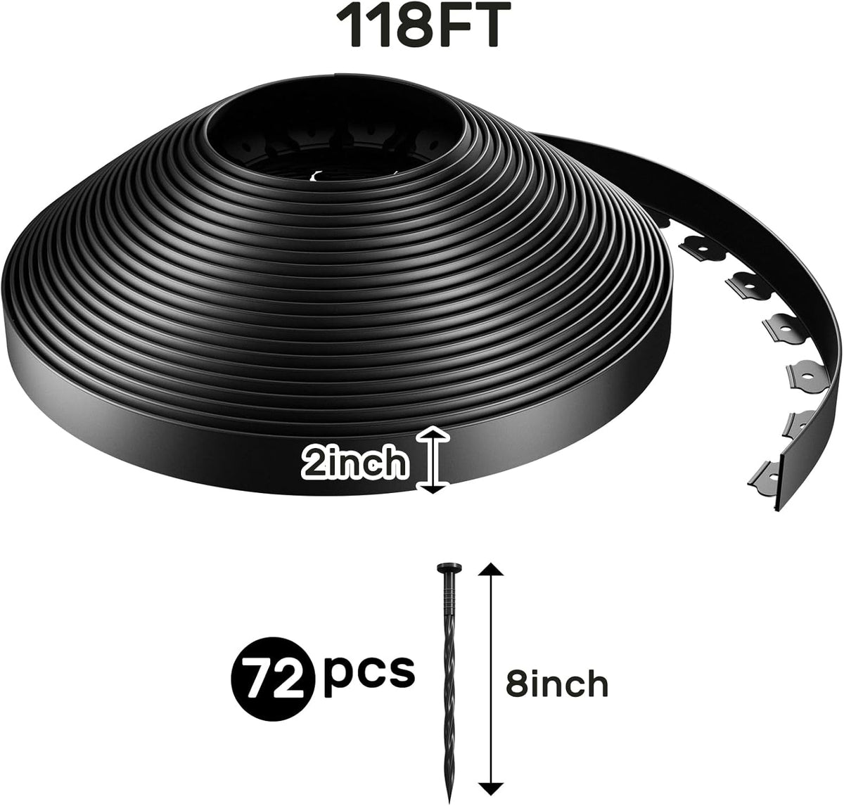 AGTEK 118FT Plastic Landscape Edging Kit 2inch Height No-Dig Garden Edging Border Lawn Edging Roll for Flower Bed Lawn Yard, Black, with 72 Anchoring Spikes