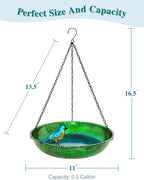 Hanging Bird Bath for Outside, 11” Metallic Green & Blue Metal Birdbath Bowl & Feeder with Black Chain Outdoor Garden Yard Decor (0.5 Gallon)