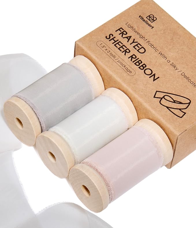 Vitalizart Organza Ribbon Frayed Sheer Organza White Pink Grey Set 1.5" Silk Like Ribbons for Valentines Day Gift Wrapping Craft Flower Bouquet Wedding Invitations Mesh Fabric 15 Yards
