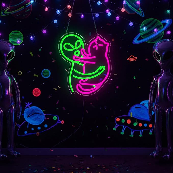Alien Cat Neon Sign,Neon Signs for Wall Decor,LED Cat Alien Sign,Dimmable Neon Lights for bedroom,Man Cave,USB Powered Neon Light Sign,Cute LED Signs for Wall Decor,Alien Decor,Game Room
