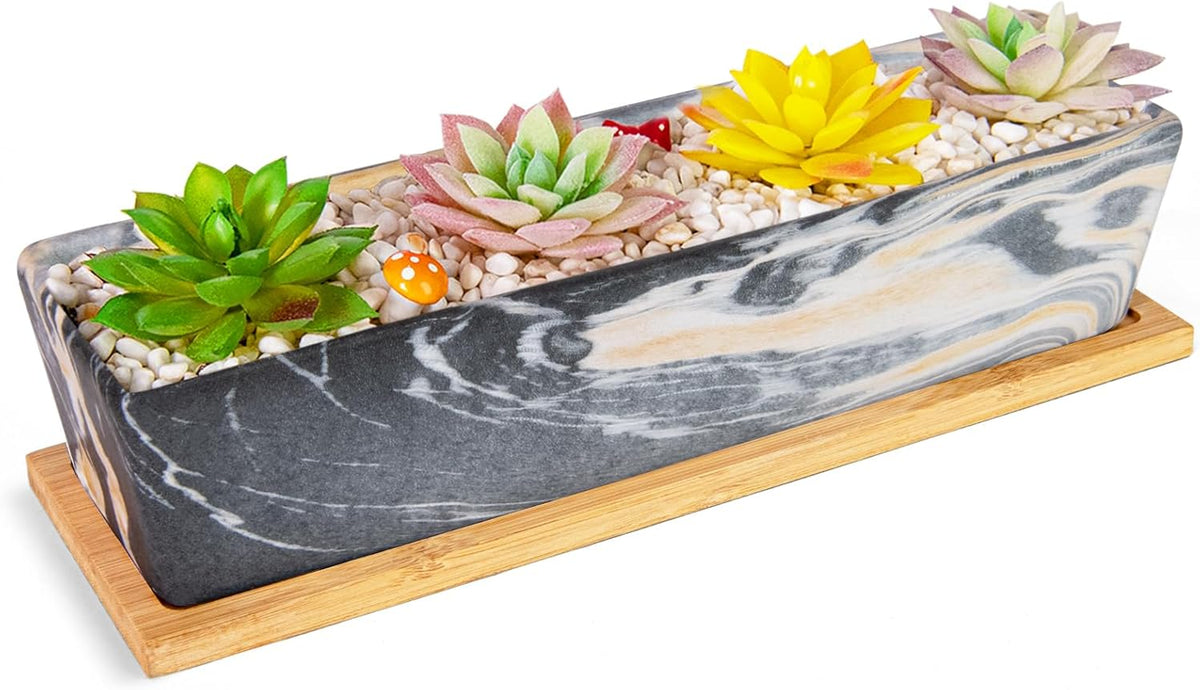 Succulent Pots - 12.1 Inch Large Succulent Pots with Drainage Tray, Window Sill Planter, Long Rectangle Ceramic Pots for Indoor Cactus/Succulent Plants Shallow Bonsai Window Box for Home Garden Decor