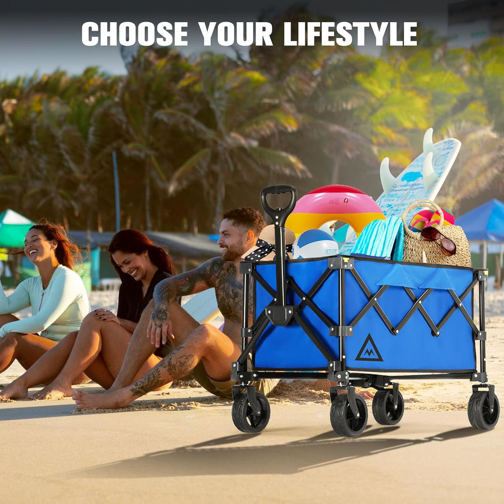 Wagon Cart Shopping Foldable Folding Collapsible with Wheels Big On Beach Garden Outdoor Grocery Heavy Duty Utility All Terrain Portable Wagons Carts for Groceries Sand Camping Sports Blue