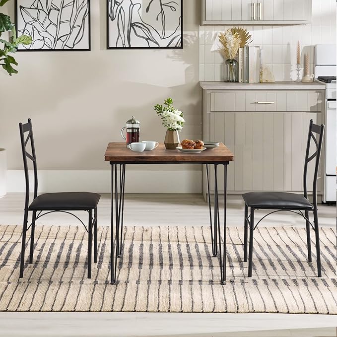 VECELO Kitchen Dining Room Table Set with 2 Chairs for Small Space, Apartment,Metal Steel Frame