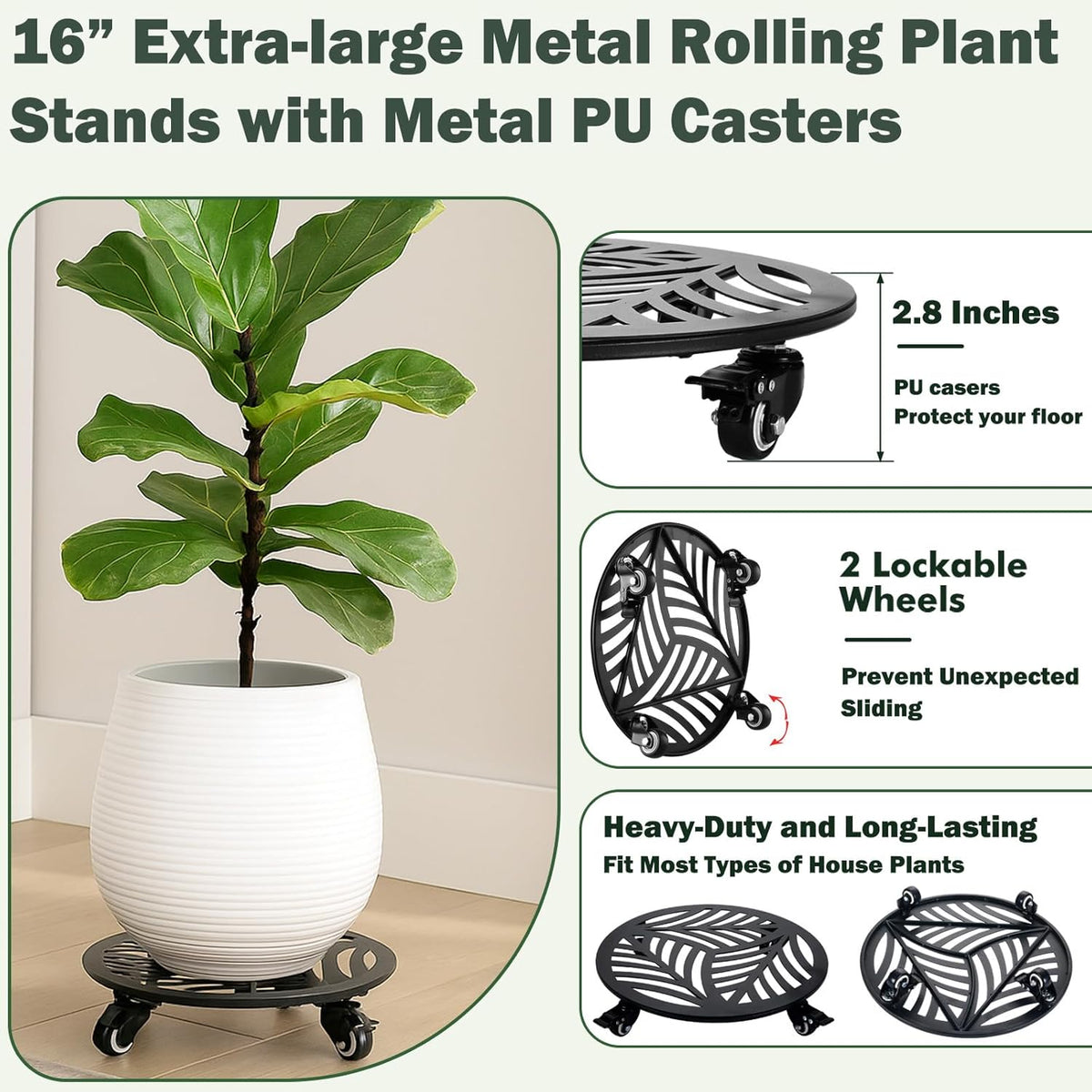 1 Pack 16 inches Extra-large Metal Plant Caddy with Wheels Heavy-duty Iron Rolling Plant Stand with Casters Indoor Outdoor Wheeled Plant Roller Base Pot Movers Plant Dolly Coaster Trolley Black