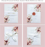 PONATIA 50PCS Vellum Jackets for 5x7 Invitation Cards- 135GSM Burnt Orange Floral Printed Vellum Sleeves, Quinceanera Wedding Invitation Cards Wraps, Transparent Christmas Gift Cards Jackets