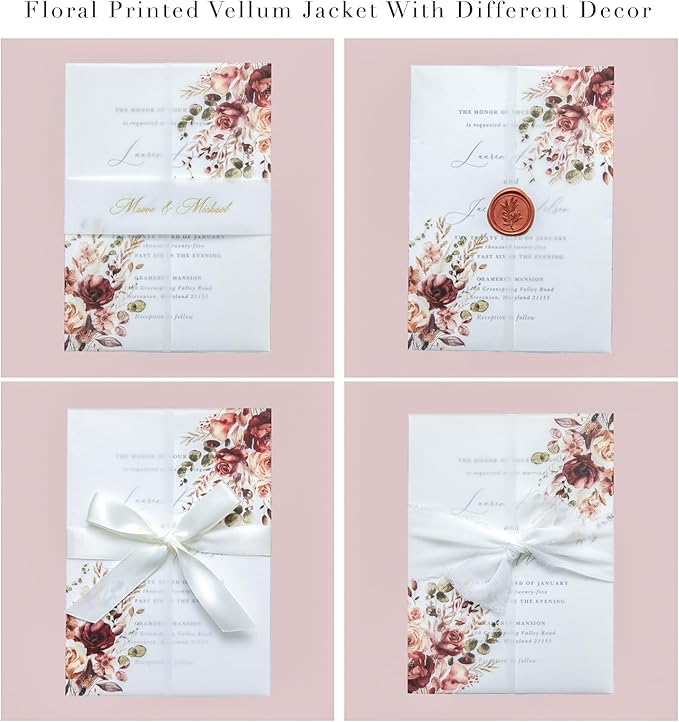 PONATIA 50PCS Vellum Jackets for 5x7 Invitation Cards- 135GSM Burnt Orange Floral Printed Vellum Sleeves, Quinceanera Wedding Invitation Cards Wraps, Transparent Christmas Gift Cards Jackets