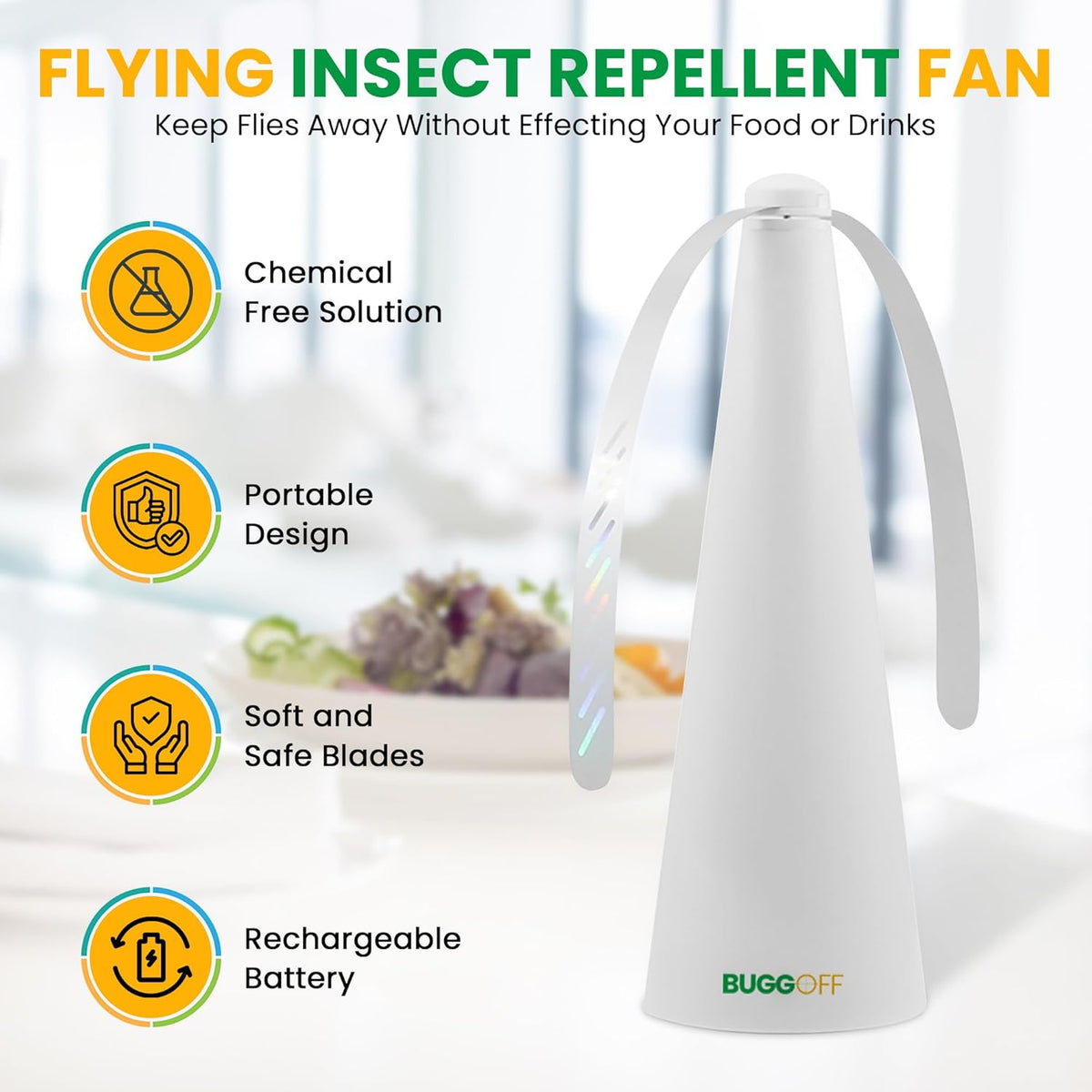 BUGGOFF Black Fly & Flying Insect Repellent Fan with Twin Blades, Table top & Hangable, Battery Powered USB C Chargeable, Cable Included. Safe Blades with Auto Stop. 4 Pack