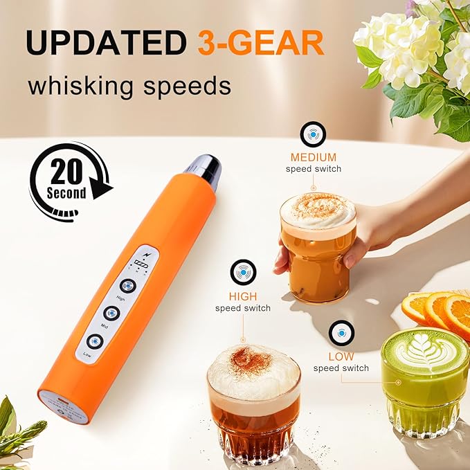 YUSWKO Fluorescence Orange Handheld Milk Frother Wand for Coffee, Rechargeable Electric Whisk with 3 Heads 3 Speeds Drink Mixer Coffee Frother For Latte, Cappuccino, Hot Chocolate, Egg