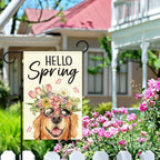 Hello Spring Flags for Outside,Golden Retriever Garden Flag for Yard Patio Lawn Decoration,12x18 Inch Double Sided