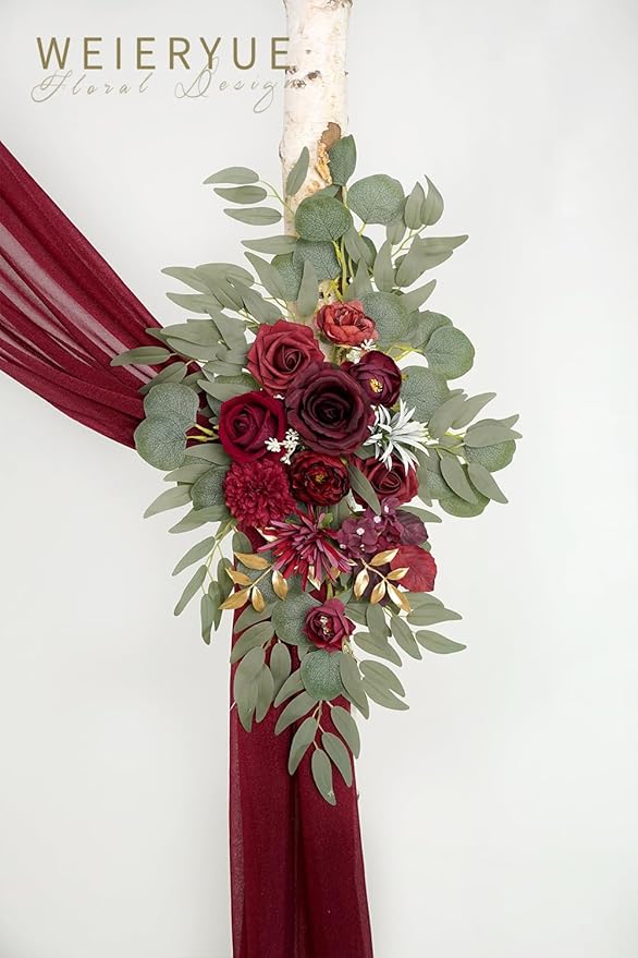 Artificial Wedding Arch Flowers Kit(Pack of 3),2Pcs Artificial Flower Arch Decor,1Pcs Sheer Drape for Wedding Ceremony Arbor for WeddingCeremony (Wine red Memory)