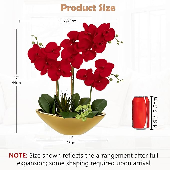 Briful Orchid Artificial Flowers 17in Red Fake Orchid Silk Flowers in Gold Ceramic Vase Faux Phalaenopsis Arrangement for Home Office Room Dining Table Centerpiece Modern Decor