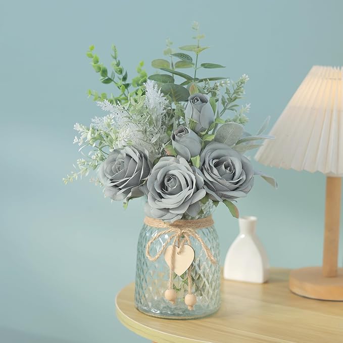Faux Flowers with Vase,Artificial Silk Roses in Vase, Fake Plant Eucalyptus Flower Arrangement for Home Office Farmhouse Bathroom Dining Table Centerpiece Decorations Coffee Table Decor (Grey Blue)