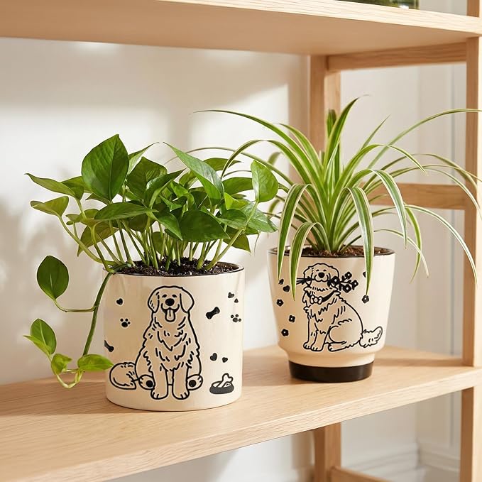 STHIE Ceramic Plant Pots with Drainage Holes, 5 inch Round Flower Pots for Indoor Plant, Cute Flower Planters for Snake Plant, Hand-Painted Garden Pots (Sitting Dog)