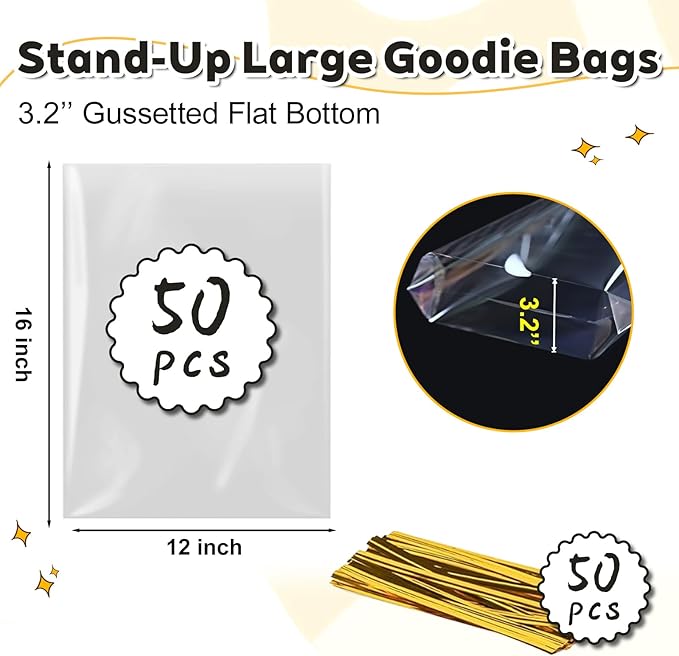 PigPotParty 12"x 16", 50Pcs Bottom Gusset Bags, Clear Plastic Cellophane Gift Mug Treat Goodie Bags with 50x Twist Ties, Large Party Favor Packaging, Toy Wrapping (No Side Gusset)